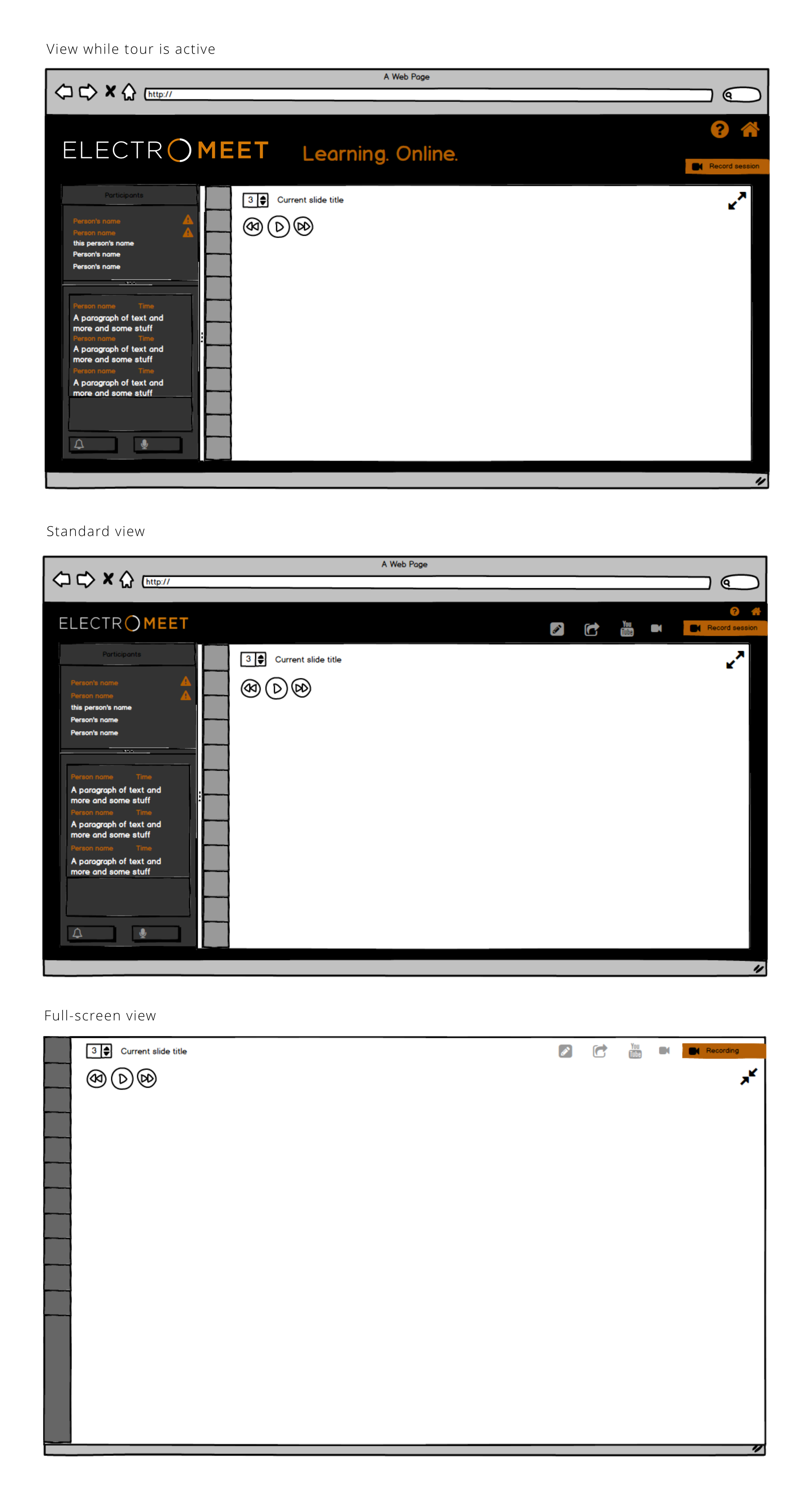Balsamiq wireframes by Charlotte Clark for Electromeet