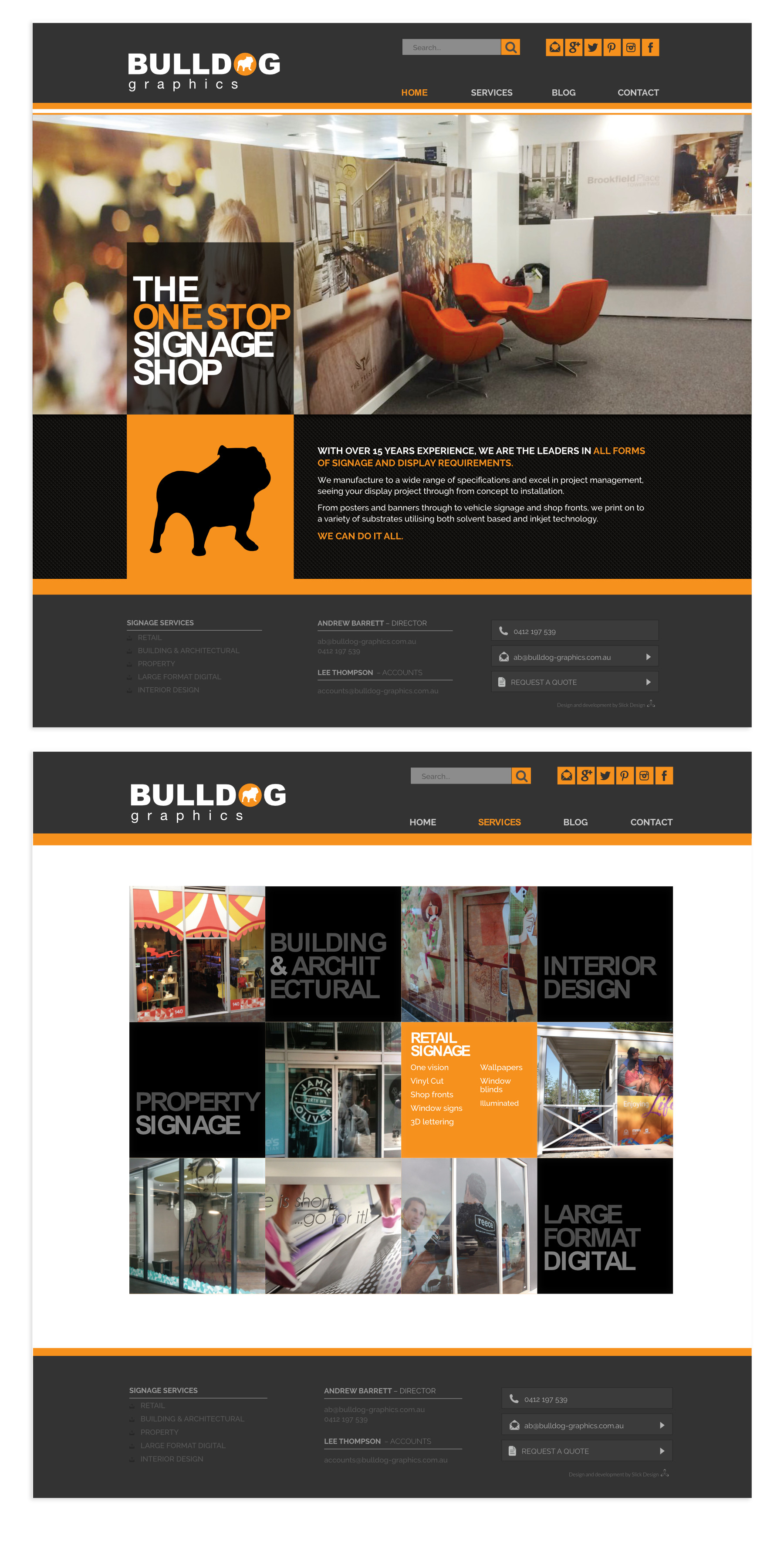 Homepage and services page designs for Bulldog Graphics by Charlotte Clark