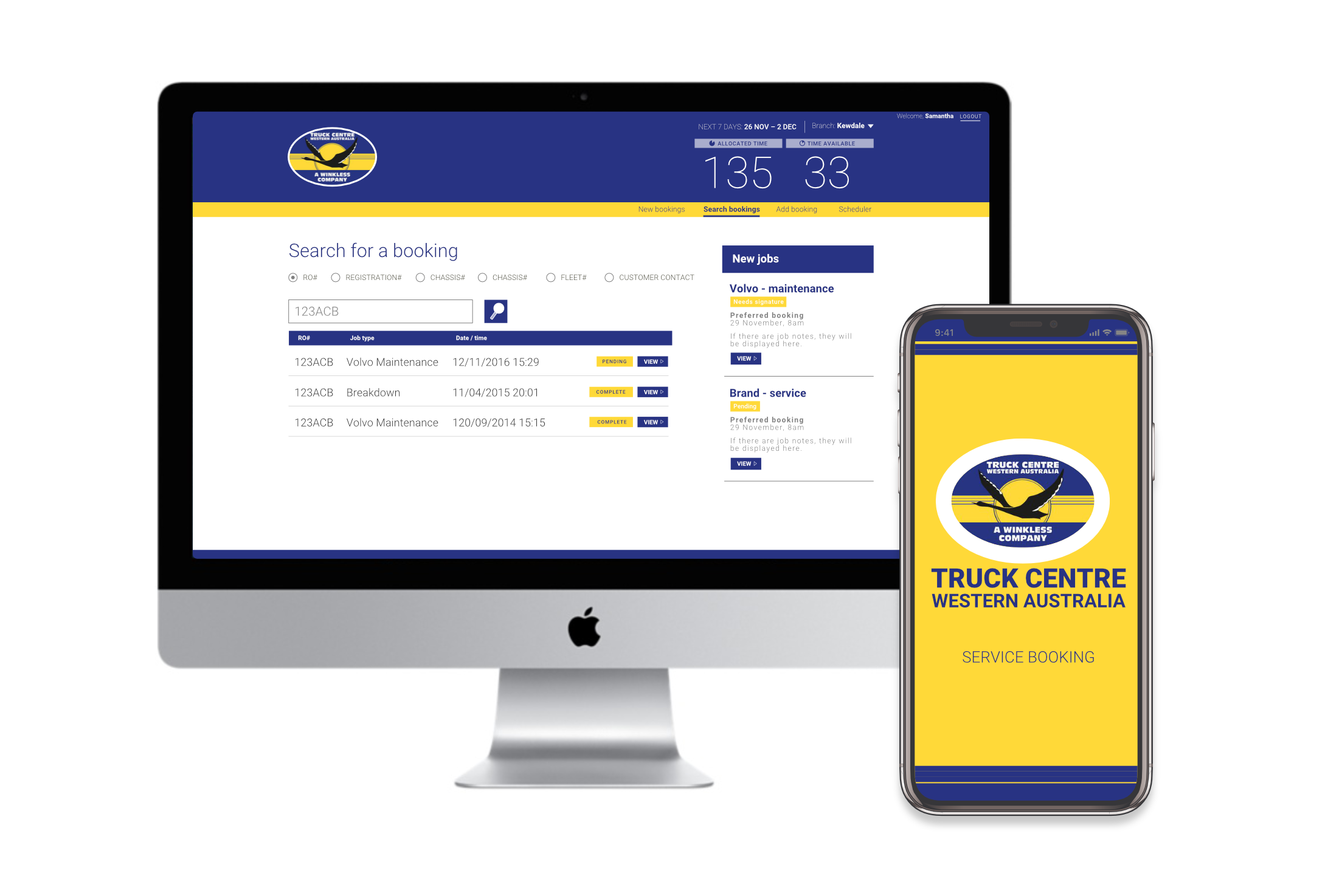 Truck Centre scheduling app (desktop), and booking app (mobile), design by Charlotte Clark for WATC