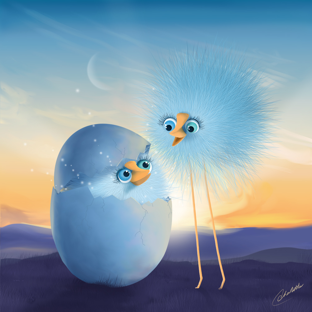 Digital painting of a baby bird peering into a newly hatched egg.